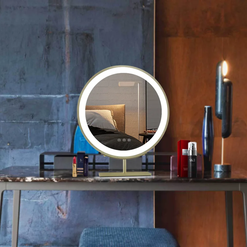 Hot sale Metal framed Round vanity Table desktop makeup mirror touch screen with Lights Bedroom smart led mirror square base