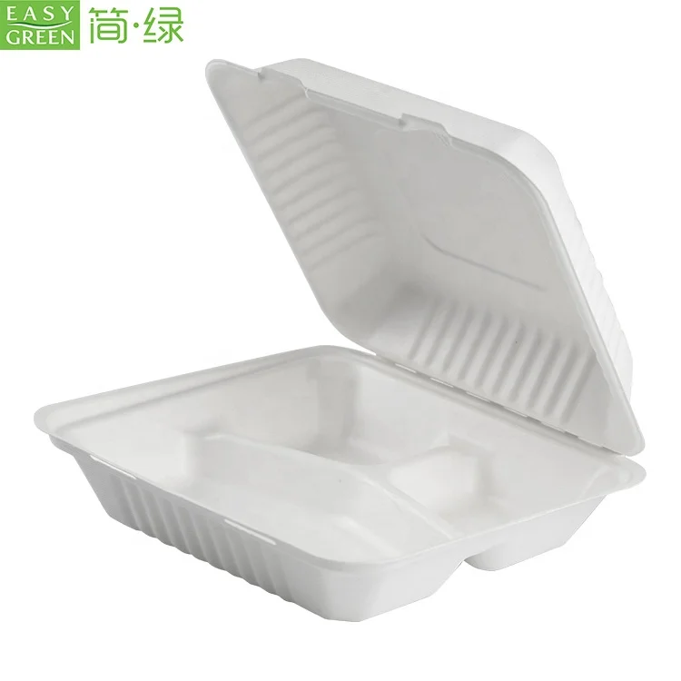 
Easy Green Wholesale Biodegradable 3-com Clamshell Food Disposable Container Bagasse Tableware Pulp Lunch Box 