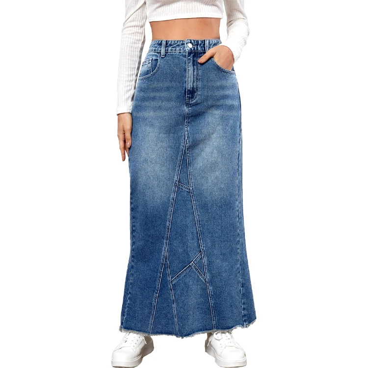 Wholesale distressed denim long skirt button down plain wear denim maxi skirt for women plus size