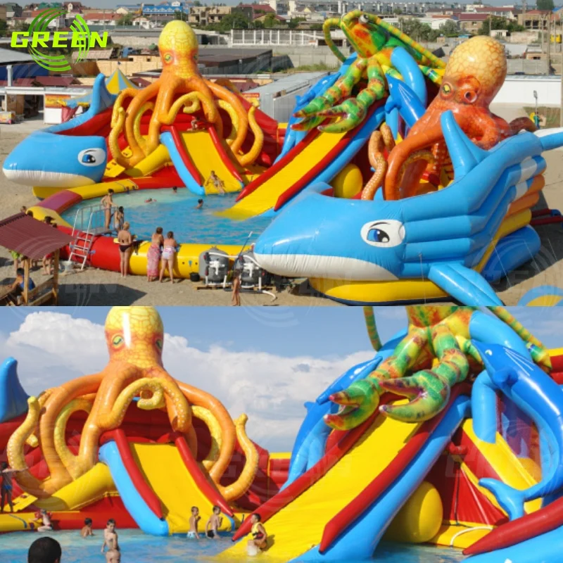 Green pool pillow slides Inflatable water park pool slide ladder water slides inflatable for kids and adults