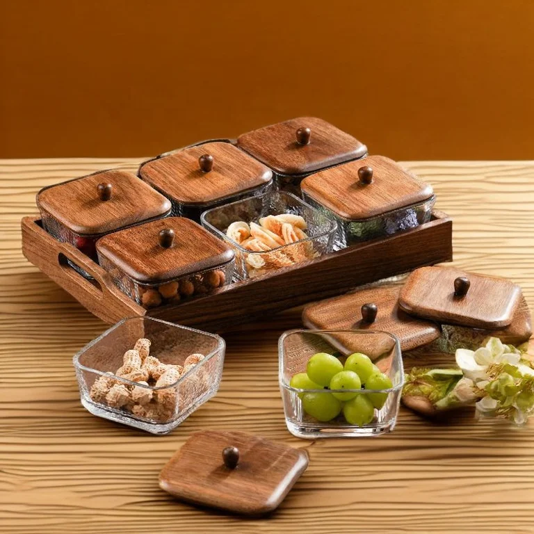 Walnut wood fruit plate home use compartmentalized creative dried snake plate candy glass bowl fruit plate
