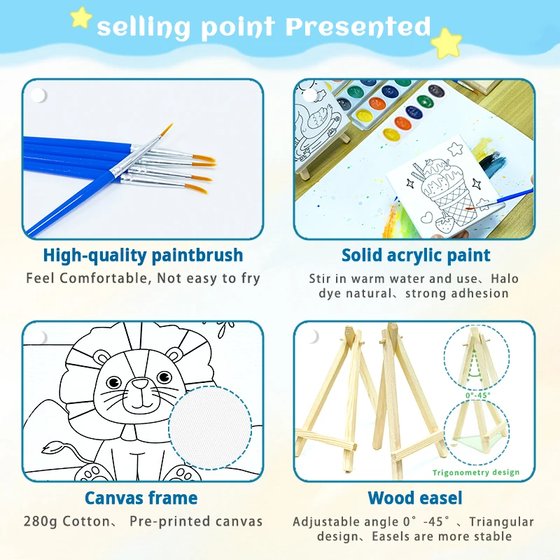 24 packs 10*10CM DIY Mini Canvas and wood display Easel Sets Multi Size Mini Wood Easel With Canvas Sets For Kids Painting