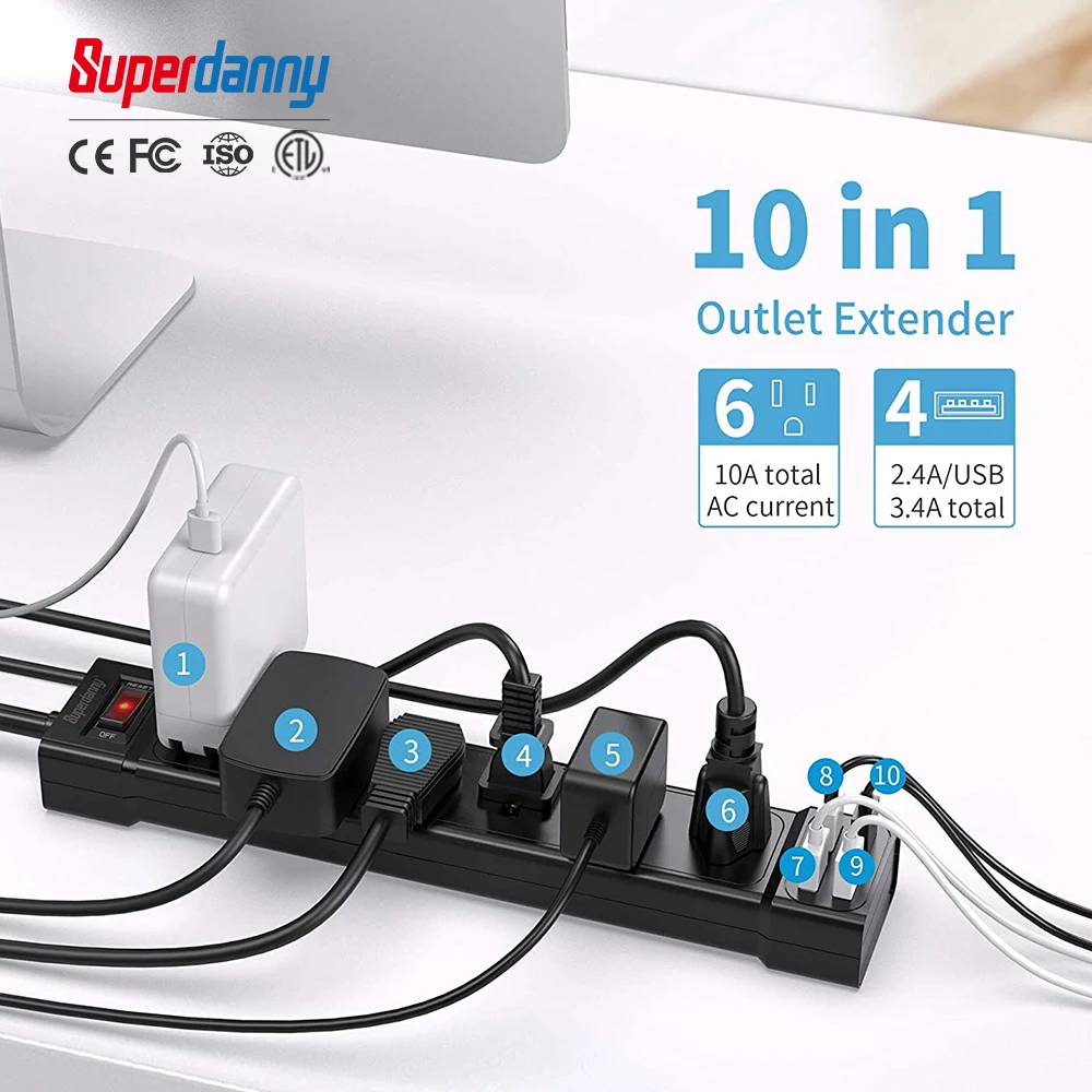 SUPERDANNY electrical plugs Surge Protector Power Strip125 Volts  AC Outlet  USB power extension socket