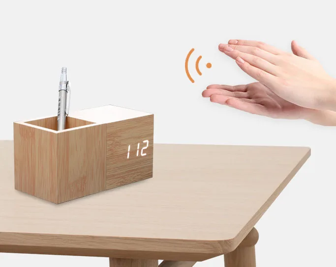 Multi-functional Creative Decoration Temperature Desk Alarm Clock Pen Holder With Wood Digital LED Wooden Alarm Table Clock