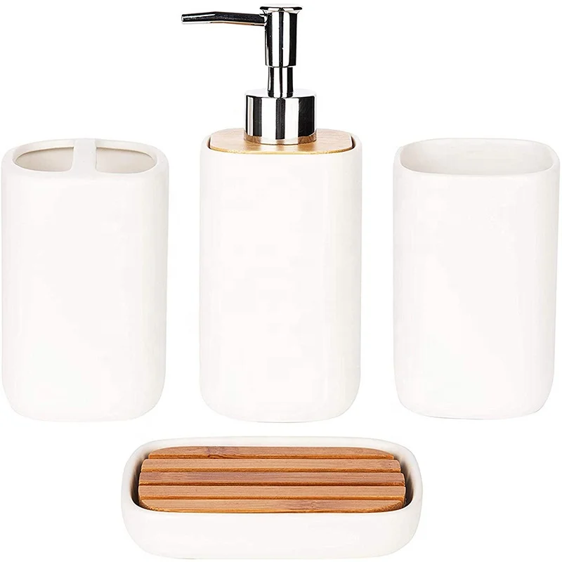 4-Piece Ceramic with Bamboo Bathroom Accessories Set - Complete Bath Accessory Sets Includes Soap Dispenser Toothbrush Holder