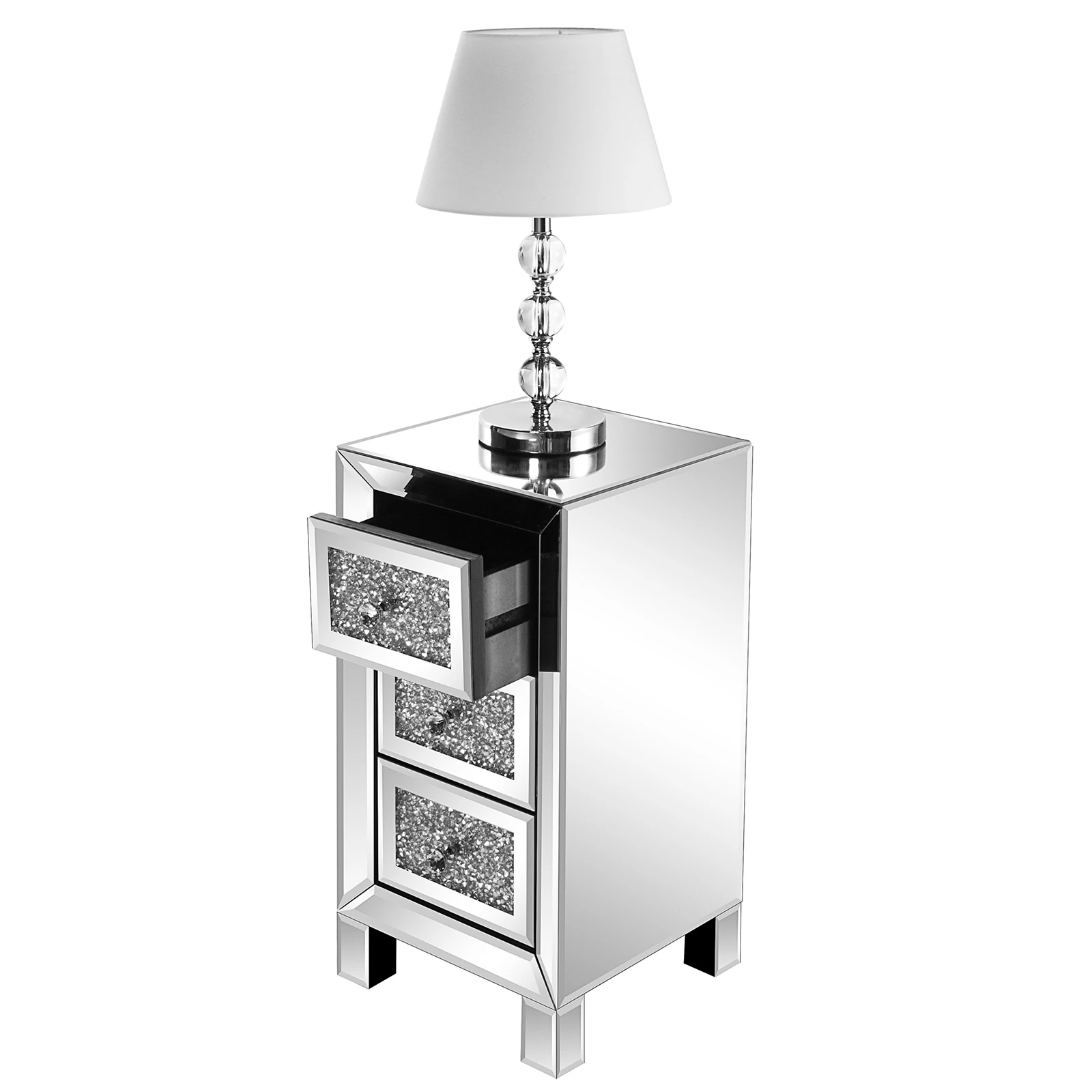 Bedroom Mirrored Furniture Contemporary Mirrored Nightstand with 3 Crystal Diamond Drawers for Bedroom Mirrored Bedside Table