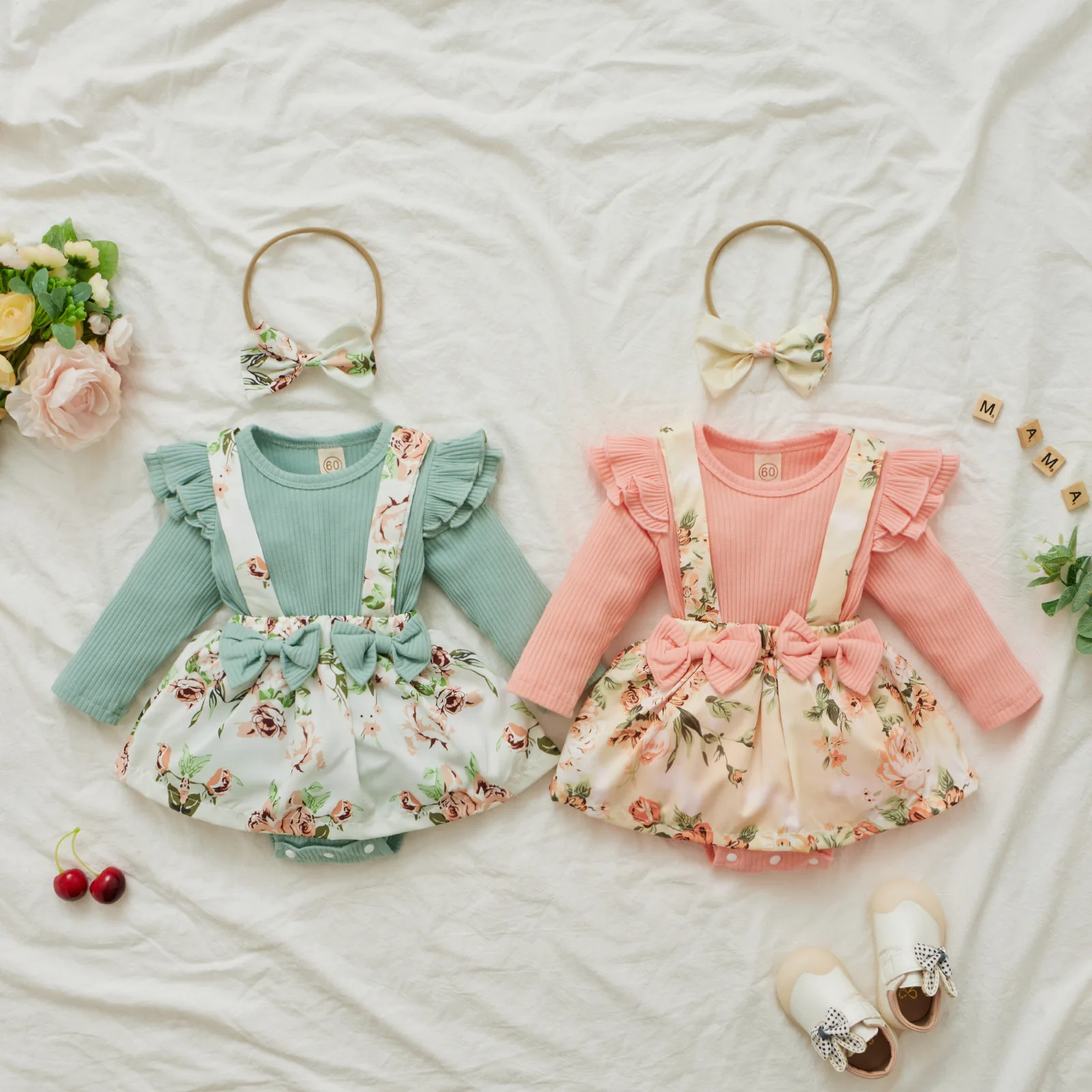 High Quality Spring Qute And Comfortable Knitted Long Sleeve Floral Skirt Baby Romper For Girls