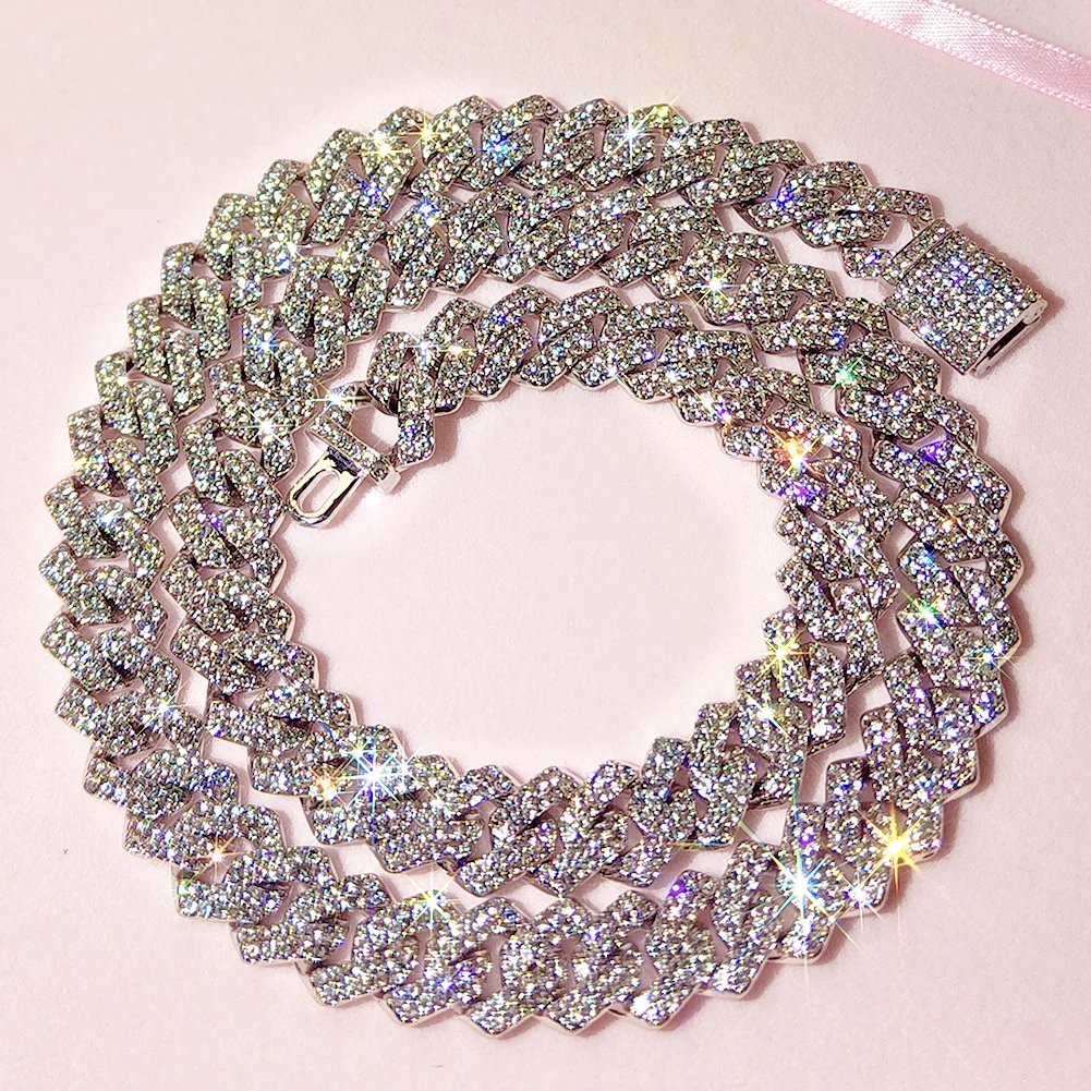 Hip Hop 14MM White Gold Cuban Necklace Setting 5A Zircon Diamond Silver Prong Cuban Link Chain Bracelet Jewelry Set For Women