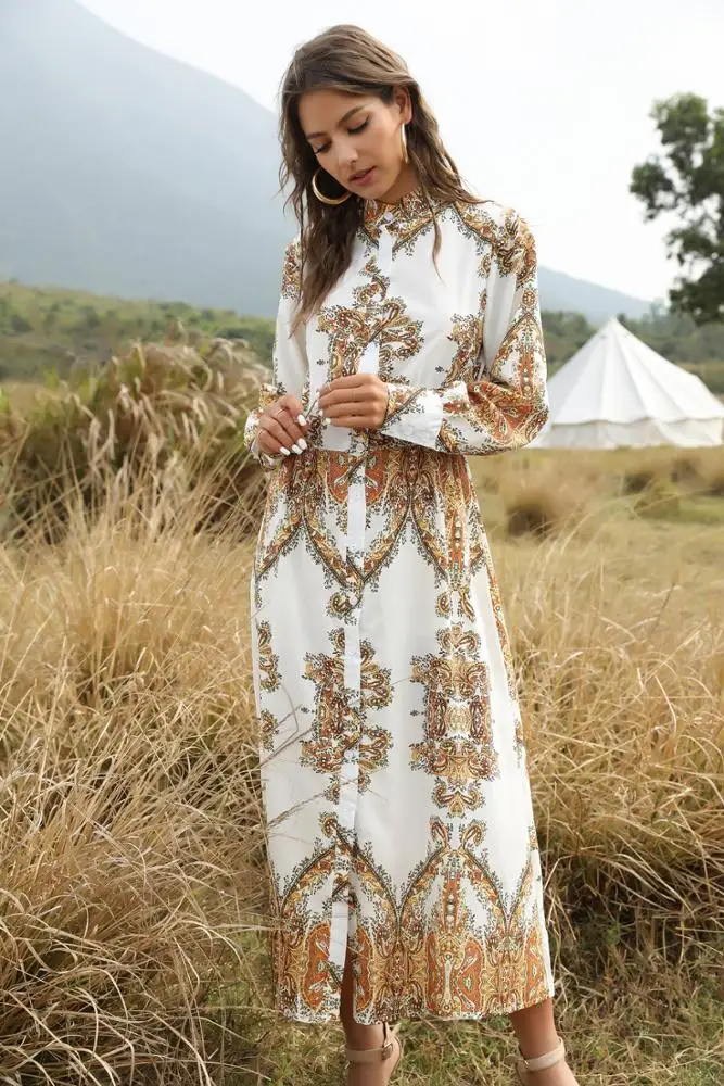 
New Bohemian Style Summer 2020 Court Printed Long Sleeve Shirt Dress Single-breasted Big Swing Long Maxi Dress Pakistan Fashion 
