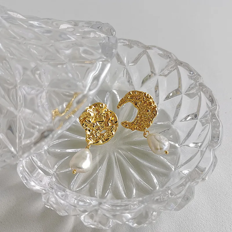 European 100% 925 Silver Natural Pearl Pendant Earrings 18K Gold Plated Hammered Fresh Water Pearl Drop Earrings