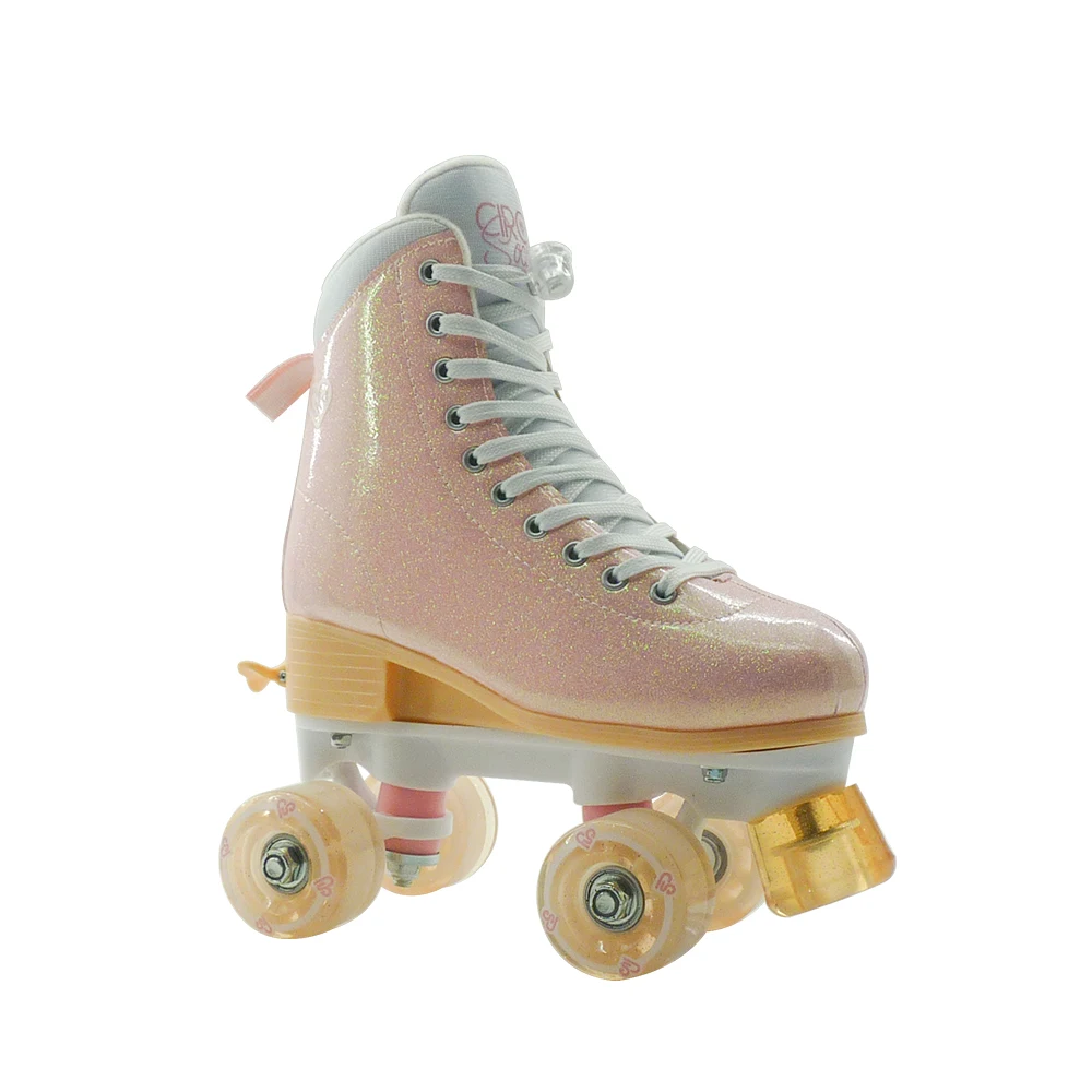 Roller Skates Double-Row Four Light up Wheels High-top Pink Glitter Leather Rollerskates Ouad Skate