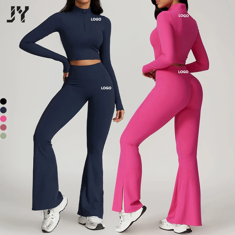 JoyYoung  Manufacturer Fashion Solid High Waist Long Sleeve Workout Breathable Two Pieces Yoga Sets Women Clothing Yoga Outfit