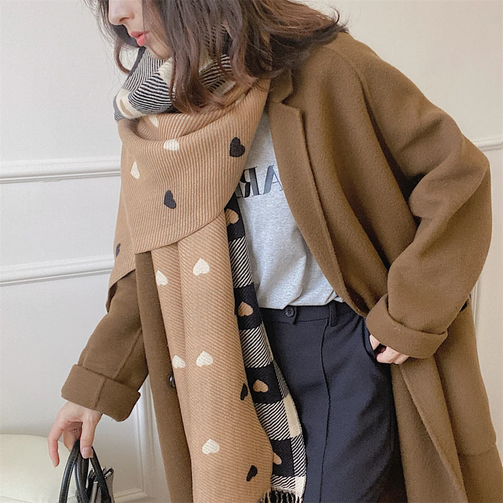 versatile Korean version large shawl thick neck for warmth Double sided love grid red cashmere scarf