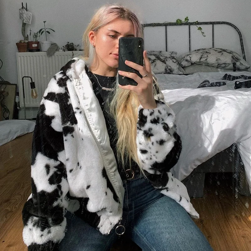 
New Arrival winter black and white cow pattern Hooded rabbit fur cardigan sweater fur coats for woman trendy 