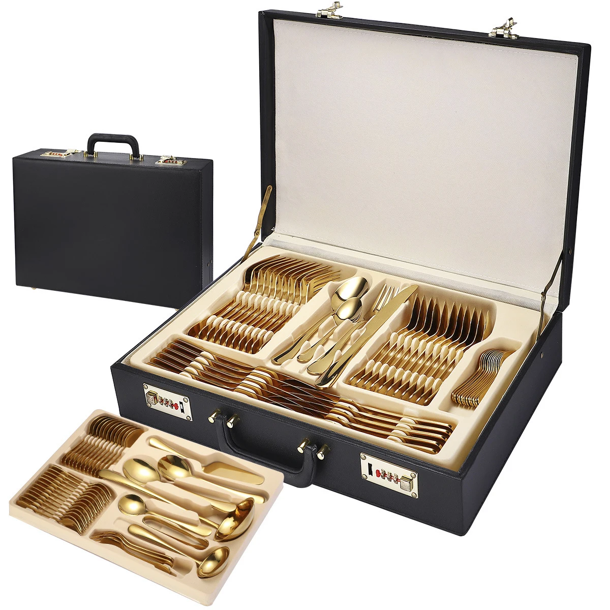 84PCS stainless steel western tableware tableware luxury cutlery set with black leather box