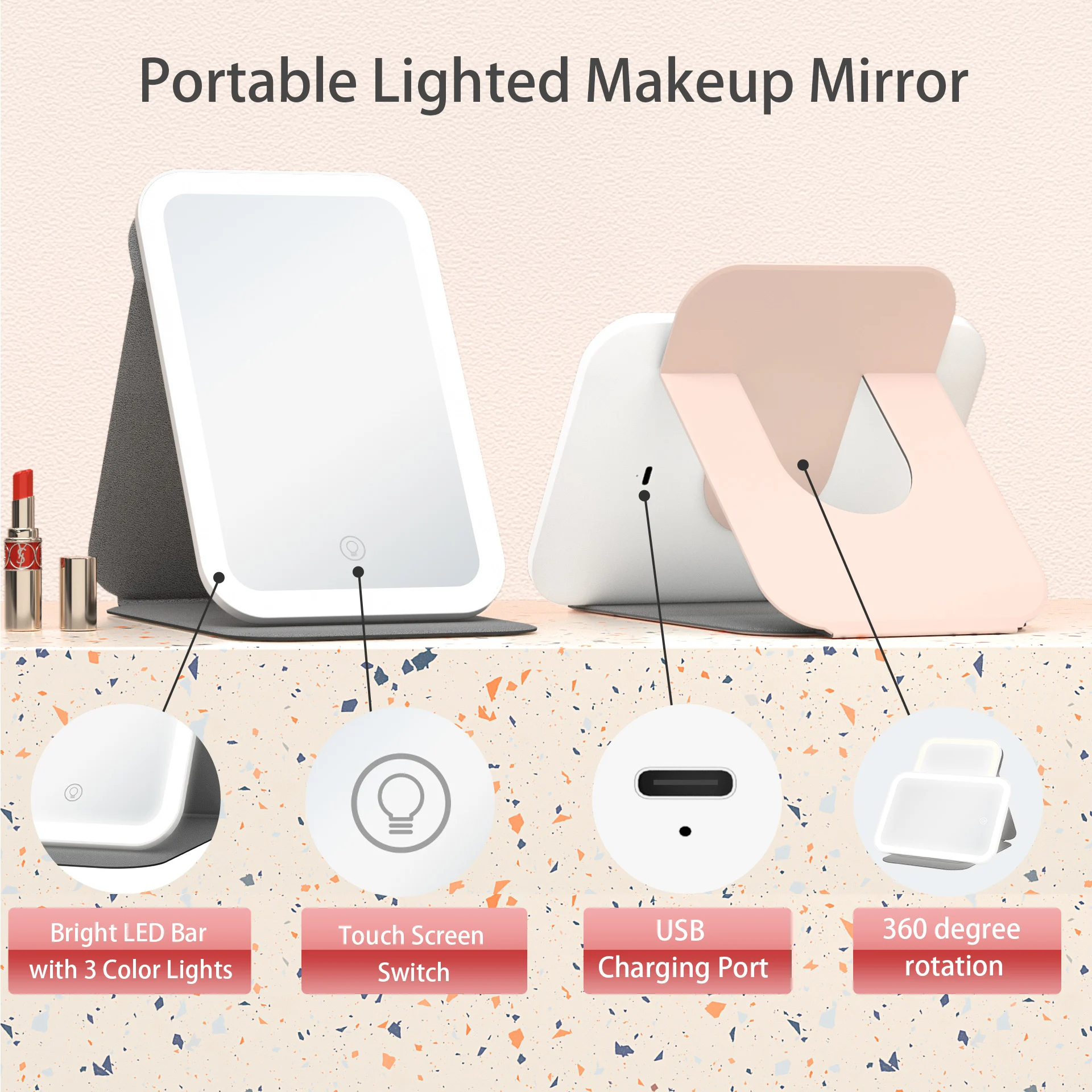 Зеркало для макияжа с тремя светодиодными цветными выключателями затемняющее квадратное кожаное портативное складное зеркало для путешествий