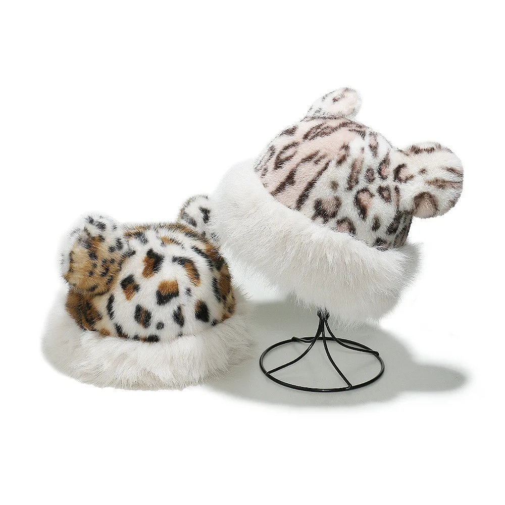 New Arrival Winter Women Plush Mongolian Fur Hat Black Leopard Print Santa Bucket Hat With Ears