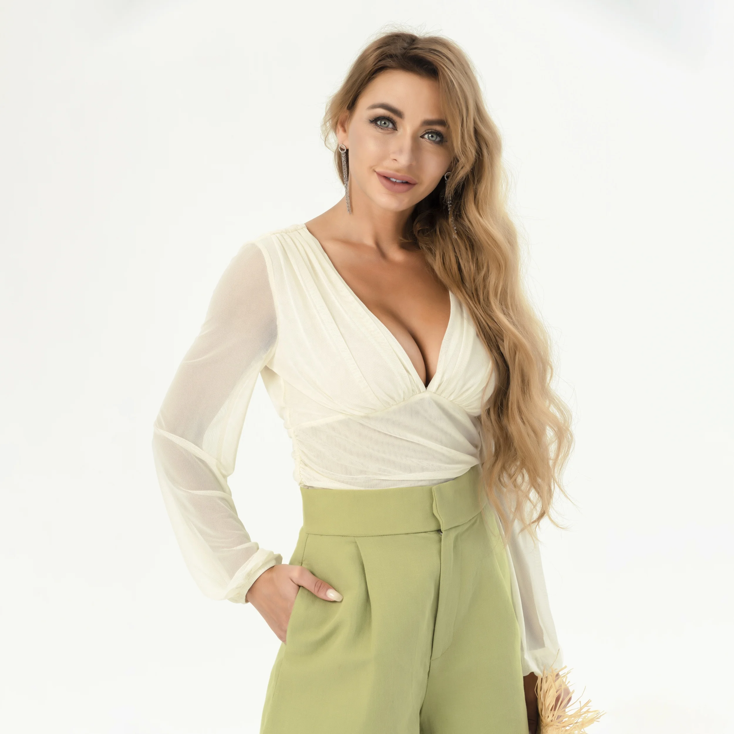 Ladies Sexy Fashion Elegant Long Sleeve Deep V Neck Back Printed Sheer See Through Mesh Top Pleated Blouses for Women