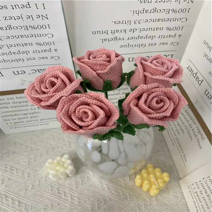 SYNew 40CM Crochet Flowers With Stems Roses With Leaves And Greenery For DIY Wedding Bouquets Centerpieces Home Dedication