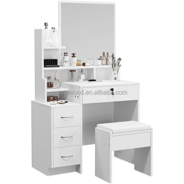 White Dressing Table Set with Mirror and Stool, 4 Drawers Vanity Table with Shelves for Girls Women Bedroom Makeup Desk