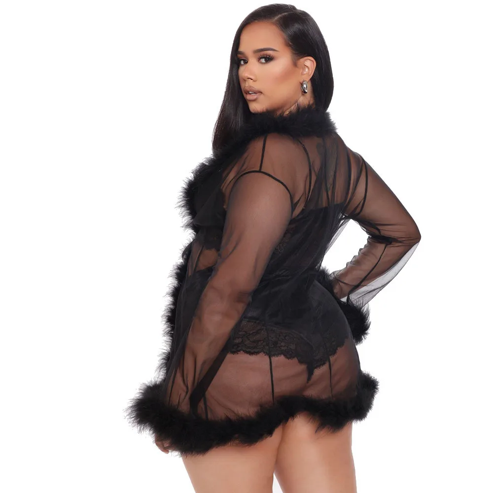 Женская пикантная Пижама прозрачный халат с перьями эротическое женское сексуальное красное нижнее белье