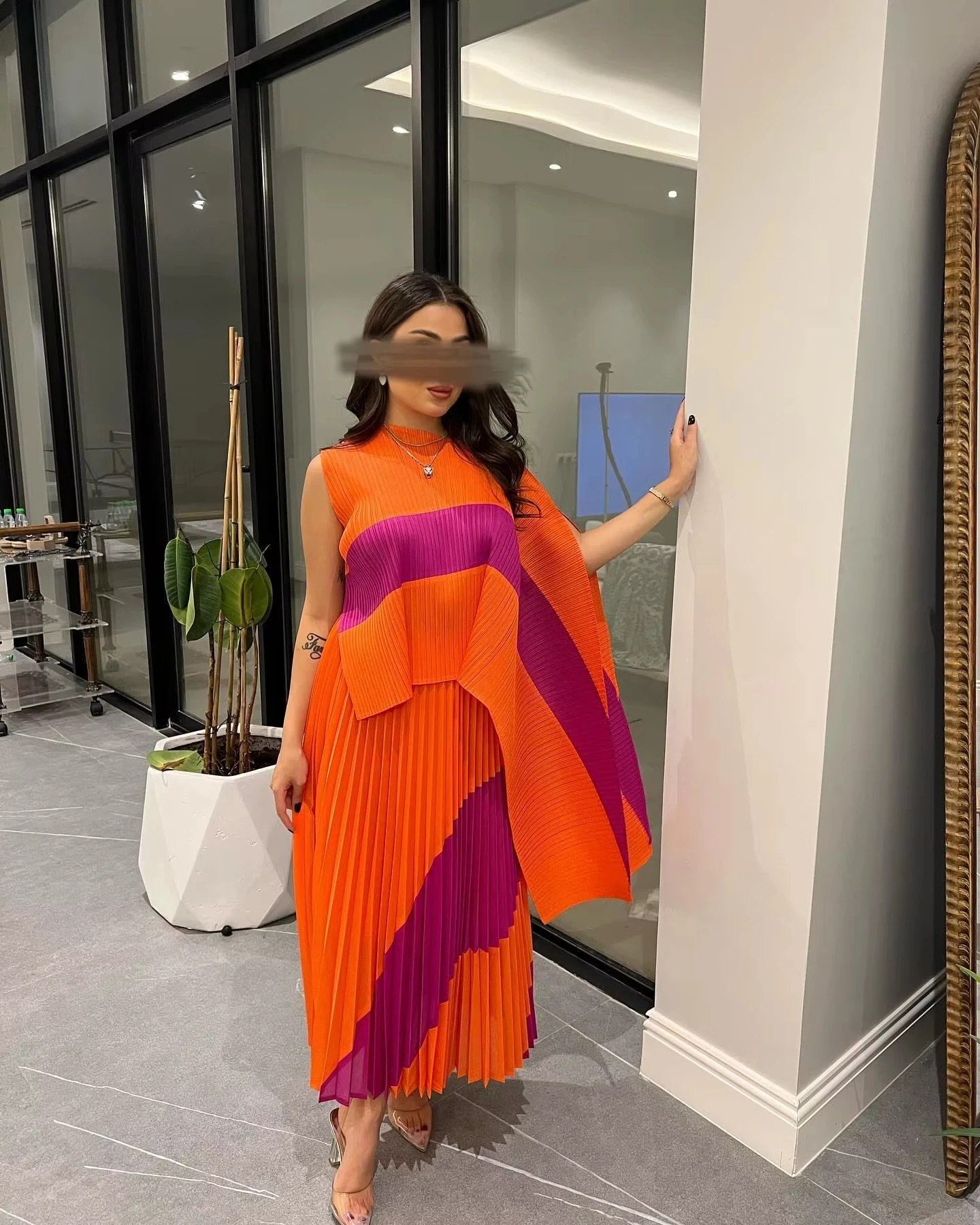 2024 Vintage New Fashion Sleeveless Bell Sleeve Pleated Dress Breathable Wavy Edge Chiffon Maxi Women Casual Church Special