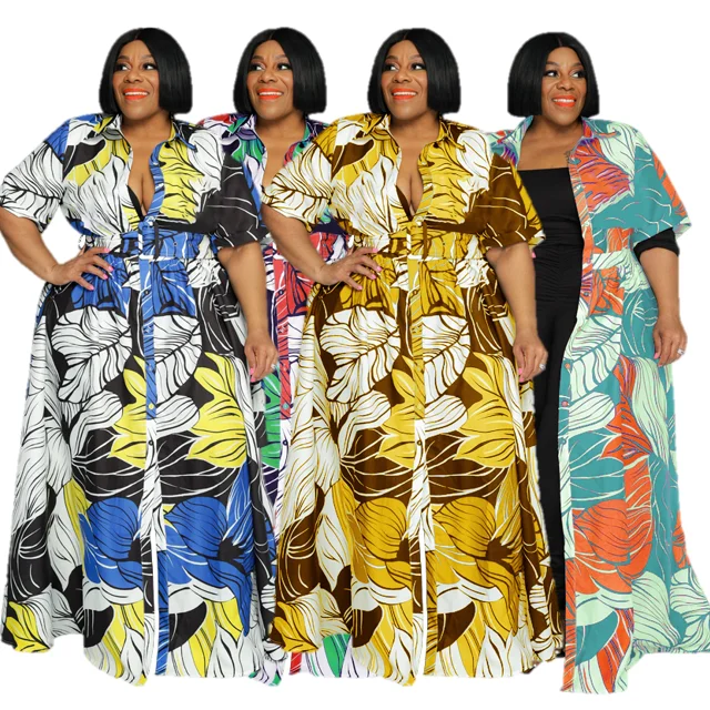 New Arrival Color Print Casual Cape Ladies Long Cardigan Short Sleeve Long Shirt Maxi Dress Plus Size Women Dress with Belt