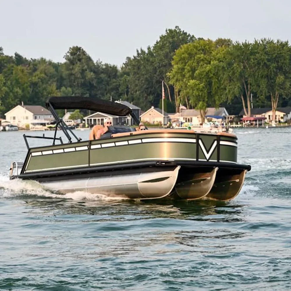 2024 High-Speed Aluminum Hull Barge Floating Pontoon Boat with Tent Luxury Yacht with Outboard Engine
