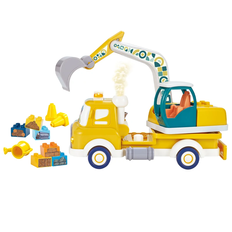 Mist spray cartoon stem construction building block pull back car toy with light sound