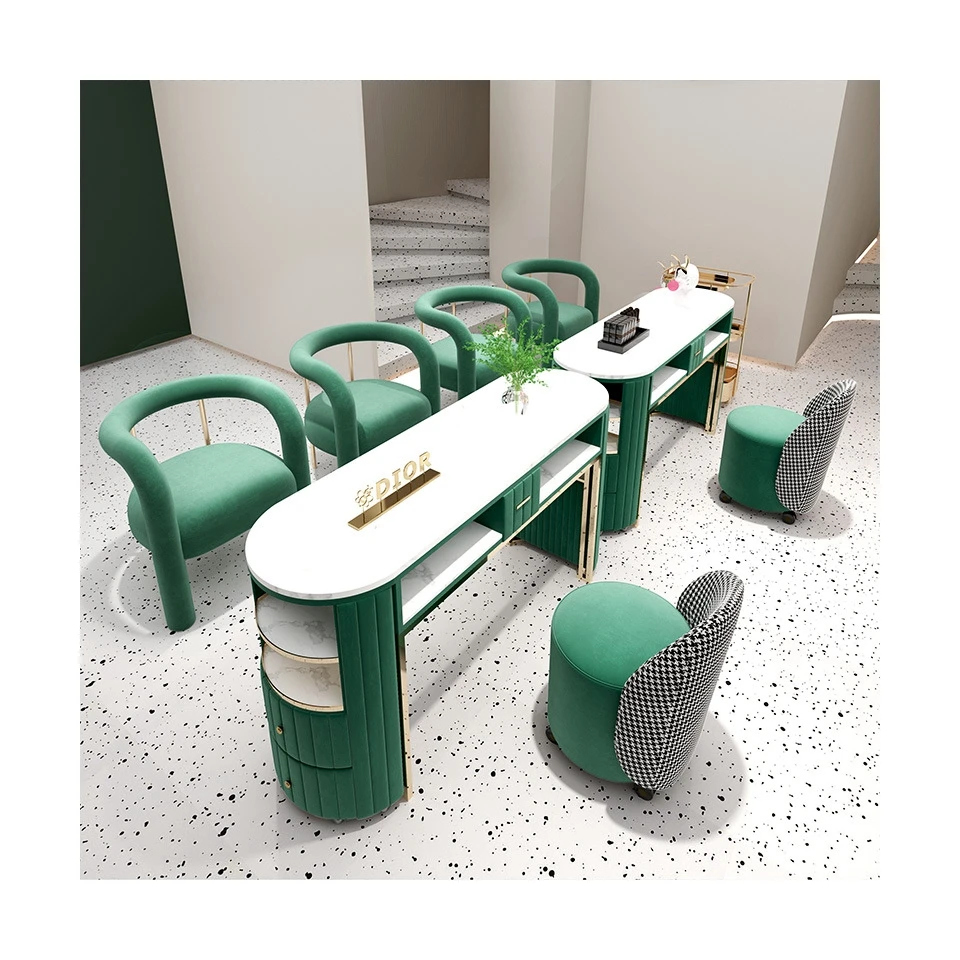 Модный двойной современный Маникюрный Стол с белым мраморным покрытием, ручная стеклянная мебель для салона, роскошный большой черный стол для ногтей