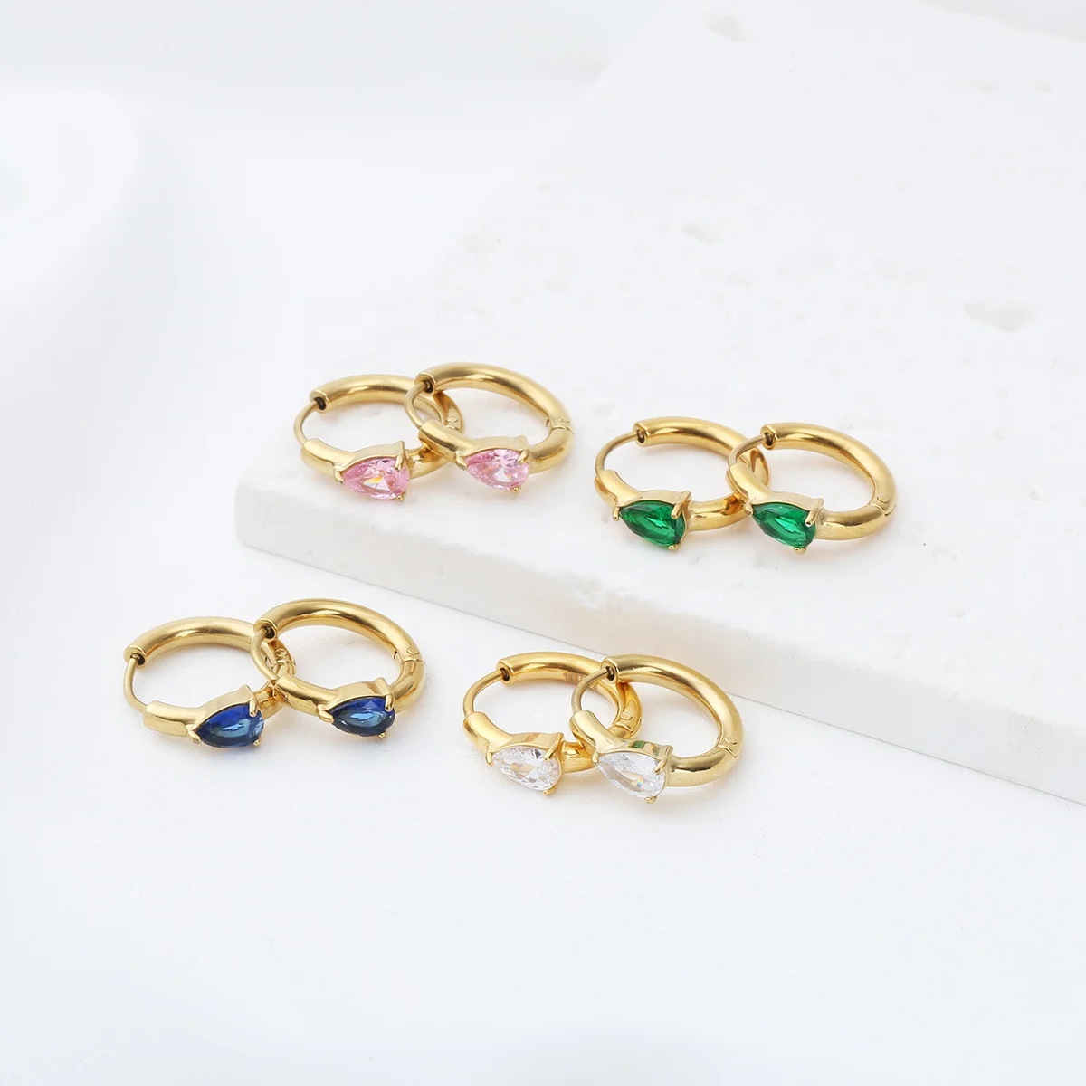 Custom non-fading fashion design geometric round 18K gold plated stainless steel zircon earrings