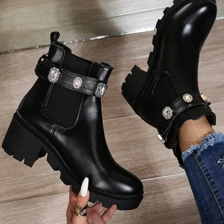 Fashion custom metal buckle shiny designer women ankle boots high heel leather women genuine leather luxury platform boots