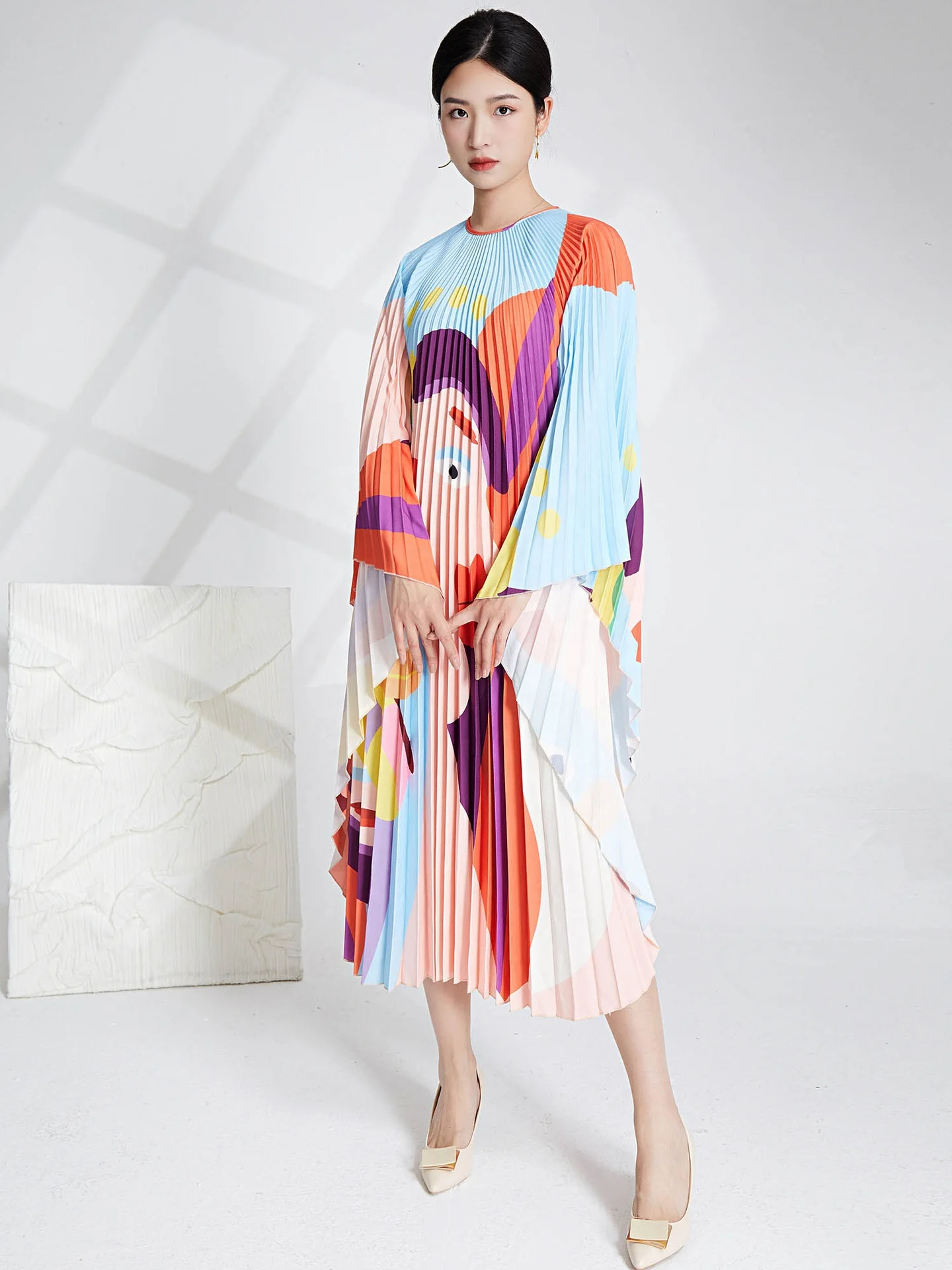 Женское свободное плиссированное платье с длинным рукавом, широкое Модное Длинное платье большого размера с принтом, 2023