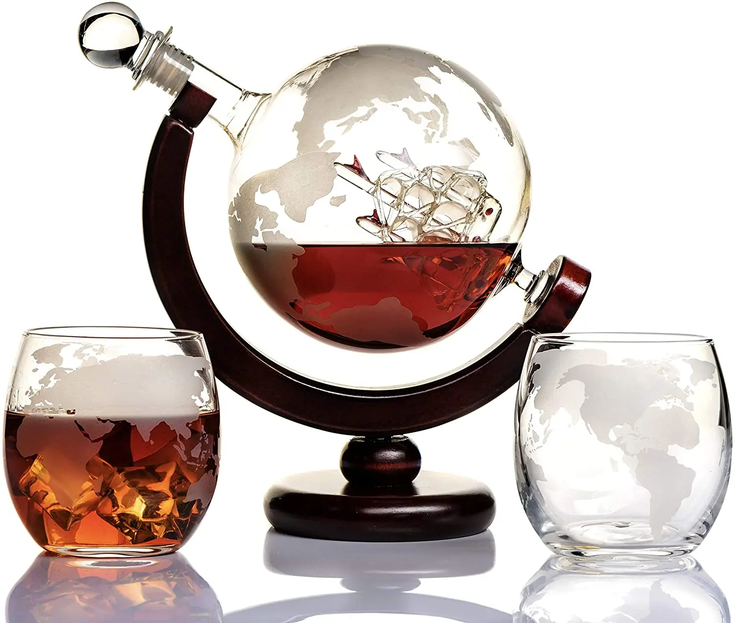 Hand Made Borosilicate liquid Etched Globe Decanter with 2 Whisky Cups
