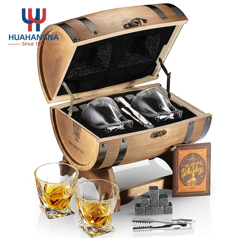 Premium 300ml Custom Etched Whiskey Glass Gift Sets With 6 Granite Whisky Rocks in Wooden Whiskey Barrel Gift Box