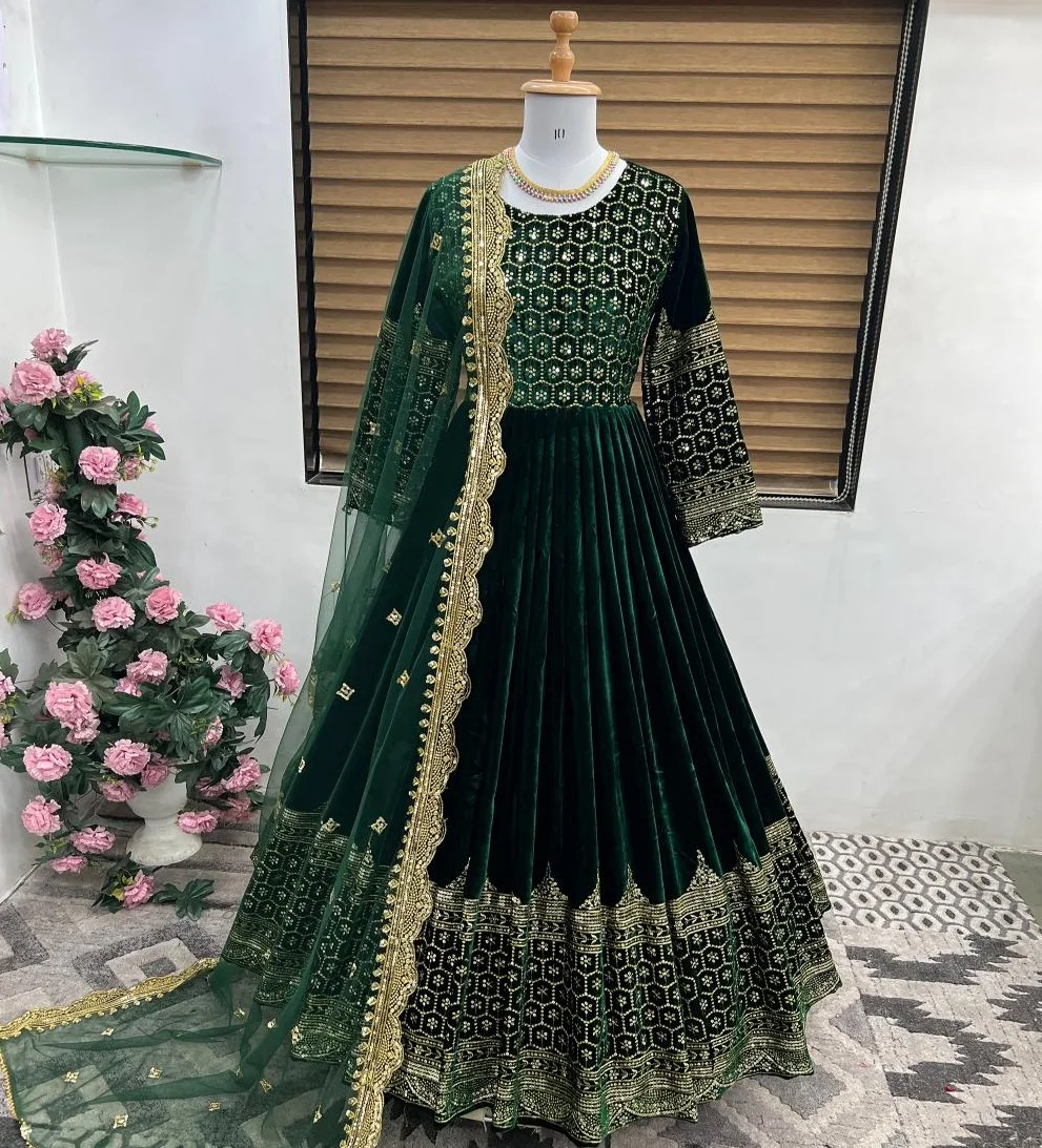 New Designer Party Wear Heavy Viscos Velvet With Heavy Embroidery Sequin Work Gown With Dupatta Anarkali Suit at Low Price