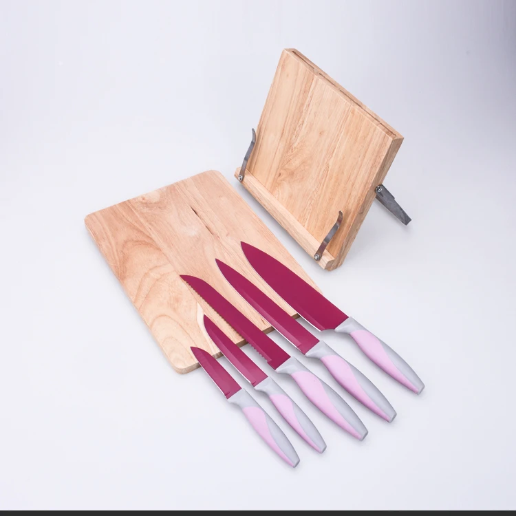 Non-Stick Color Pink Knife Set with Wooden Chopping Board Stainless Steel Pink Coating Bulk Knife Set