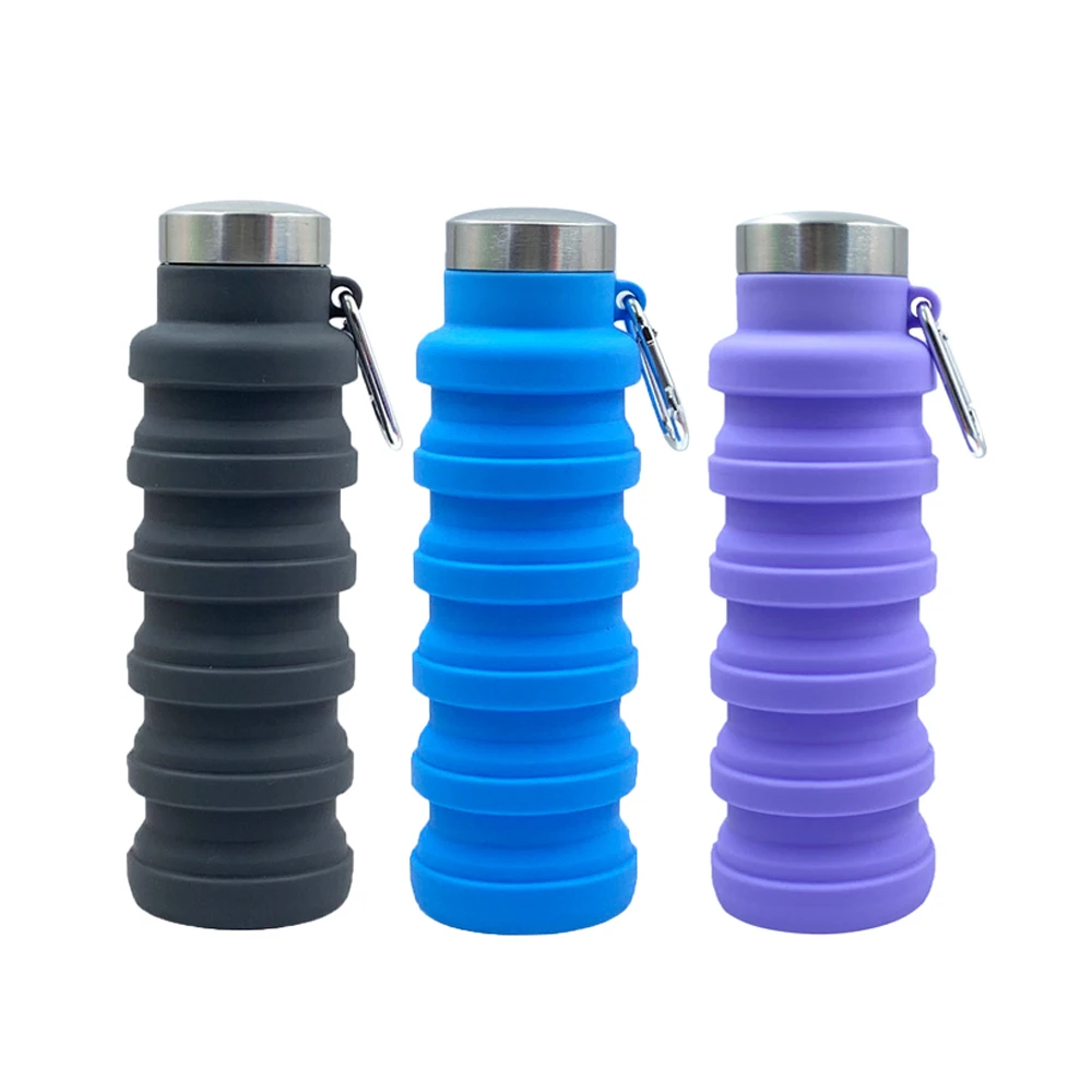 Wholesale Cheap Travel Camping Folding Silicone Water Bottle Foldable Accordion Silicone Folding Collapsible Water Bottle