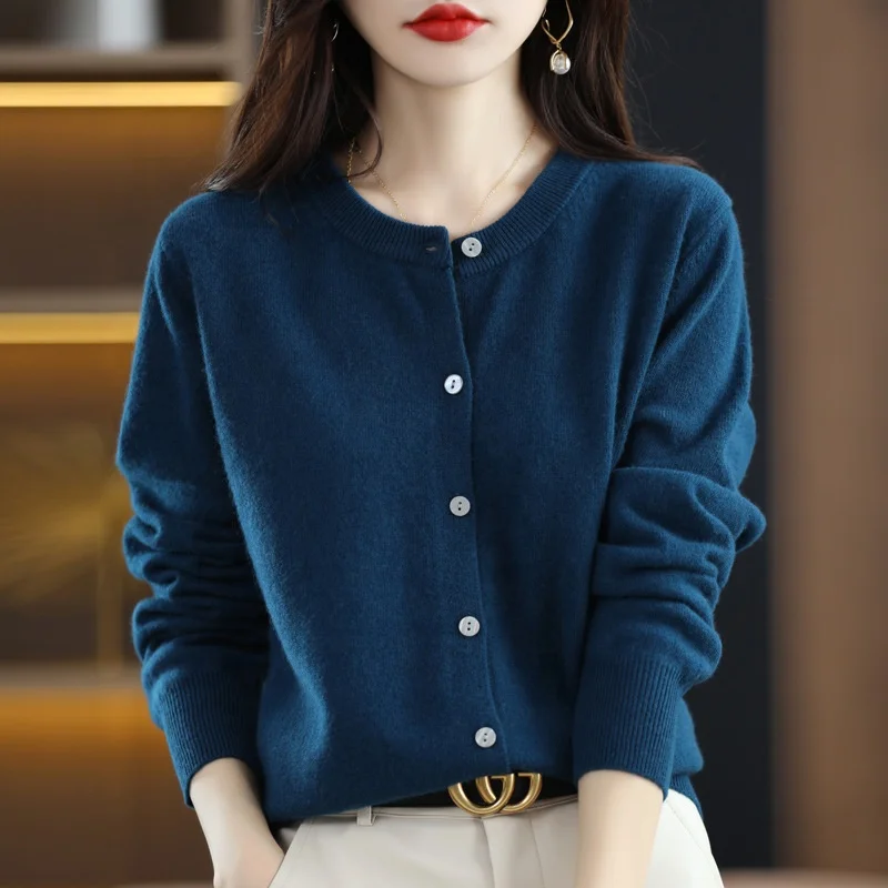 Wholesale 15color options knitted cardigan Cash feel like crewneck sweater cardigan women long sleeve solid color coat for women