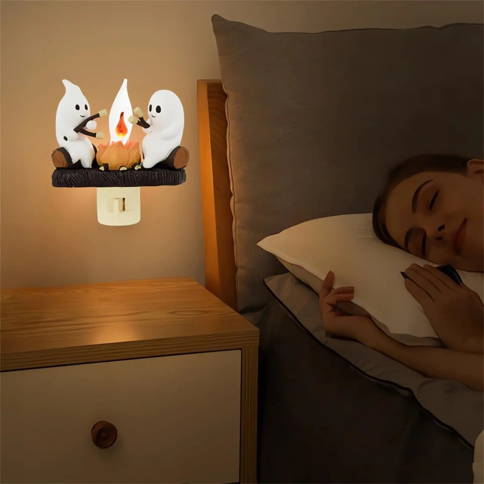Cute Spooky Ghost Nightlight Flickering Flameless Campfire Candle in Resin Plug into Wall Lamp Anime Model Number