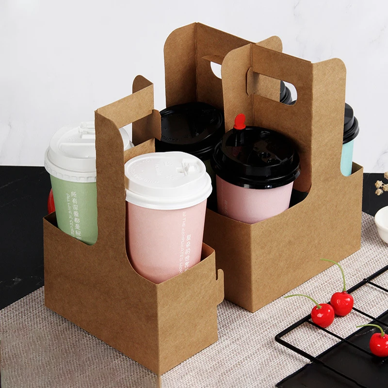 Nicro Biodegradable Cup Kraft Drink Carrier With Handle Disposable Paperboard Beverage Hot Cold Drinks Coffee Cup Holder