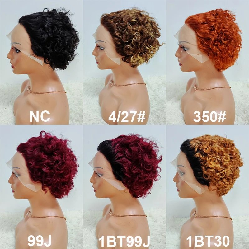 Letsfly $13.8 Promotion Lace Frontal Pixie Curly Wig 13*1 Lace Front Water Wave Short Cut Human Wigs Colored Curly Human Hair