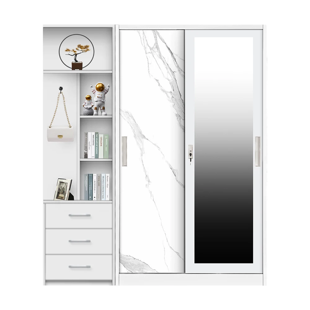 Wholesale price light luxury 2 steel sliding door wardrobe with mirror hot selling closet bedroom furniture wardrobes
