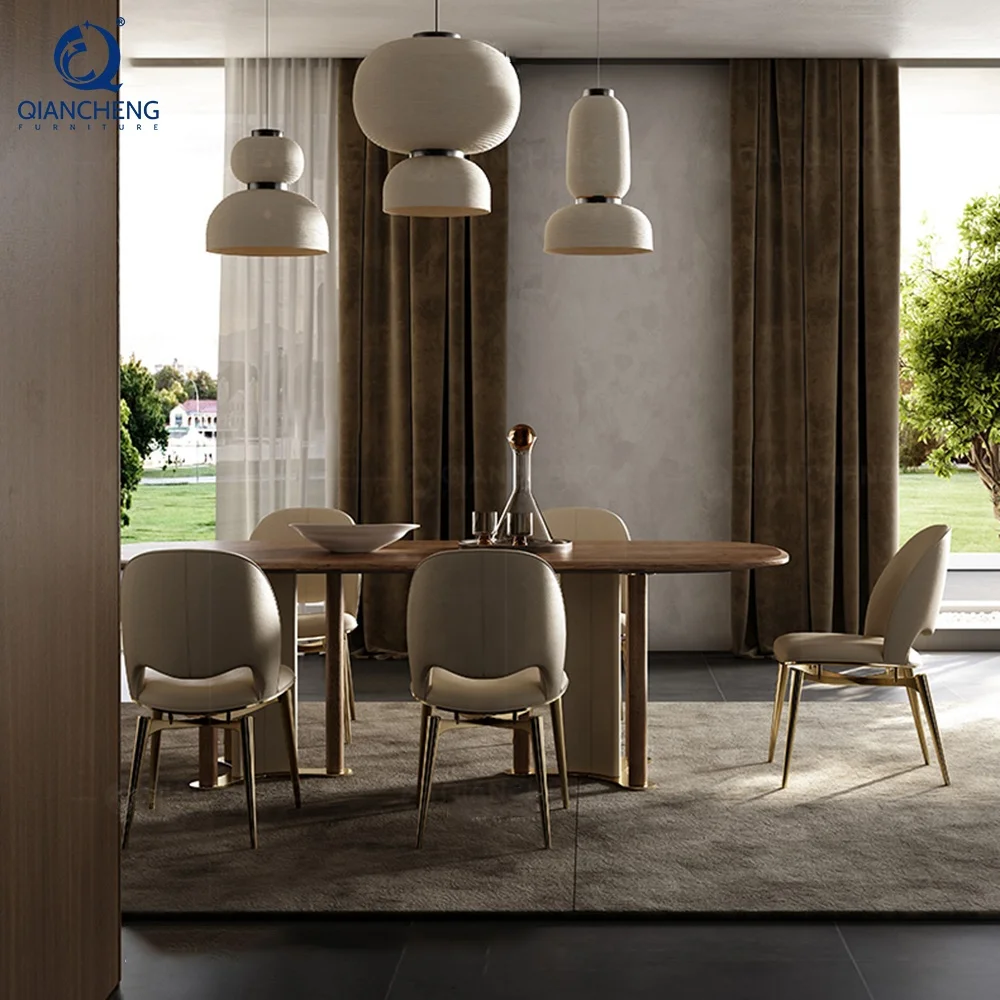 QIANCHENG brand design dinning room furniture set walnut color stainless steel wooden sticker 6 seater dining table