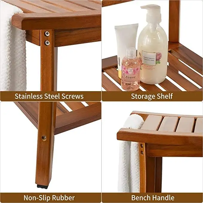 organizador de bano Teak Waterproof Wood Shower Bench Step Stool Set with Storage Shelf Bamboo Corner Shower Bench With handles