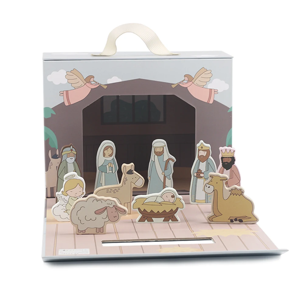 Montessori Children Role Playing Game Toys Wooden Nativity Scene Themed Blocks Themed Carton Set Toys