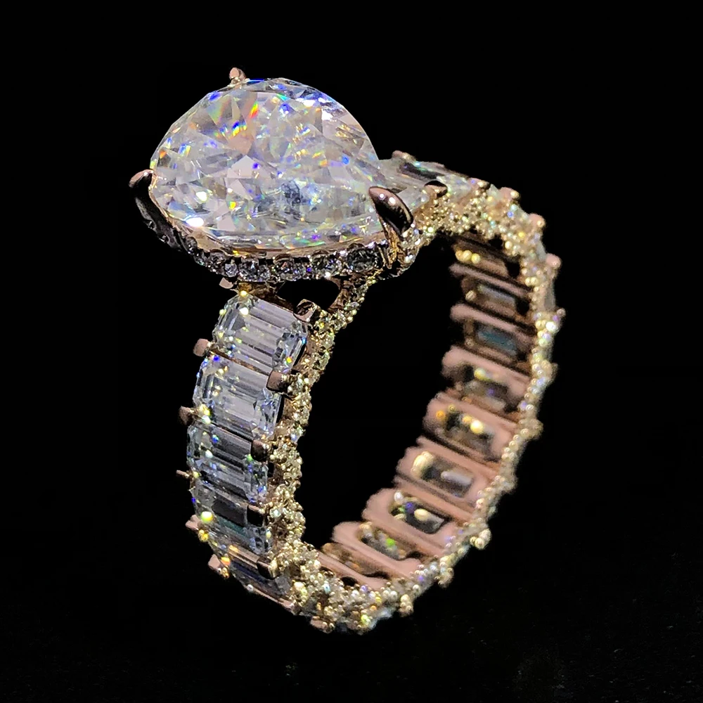 Custom Women Fashion Luxury S925 S925 Silver 9k 10k 14k 18k Gold Ring Pear Moissanite Lab Grown Natural Diamond Wedding Ring