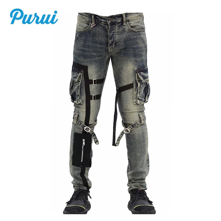 Mens urban wear skinny denim jeans long strapped raw denim jeans