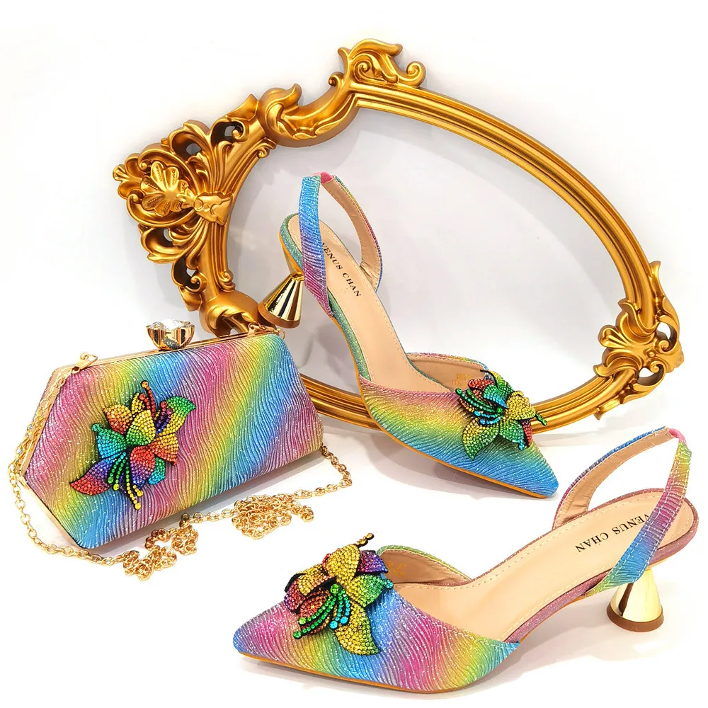 2023 New Arrive Shoe And Bag Set For African Women Square Heel Low Heel Women Italian Shoes Blue Shiny Sandals Bow Tie Slippers