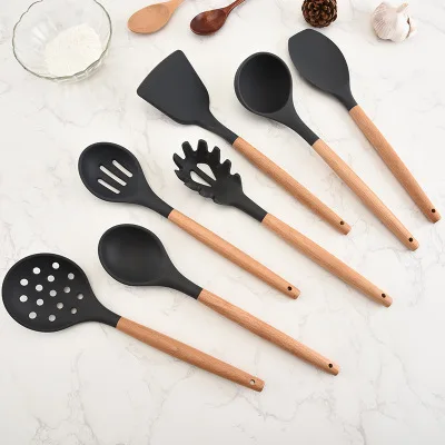 
Kitchen Accessories Silicone Non Stick Cookware Sets Kitchen Utensil with Wooden Handle 